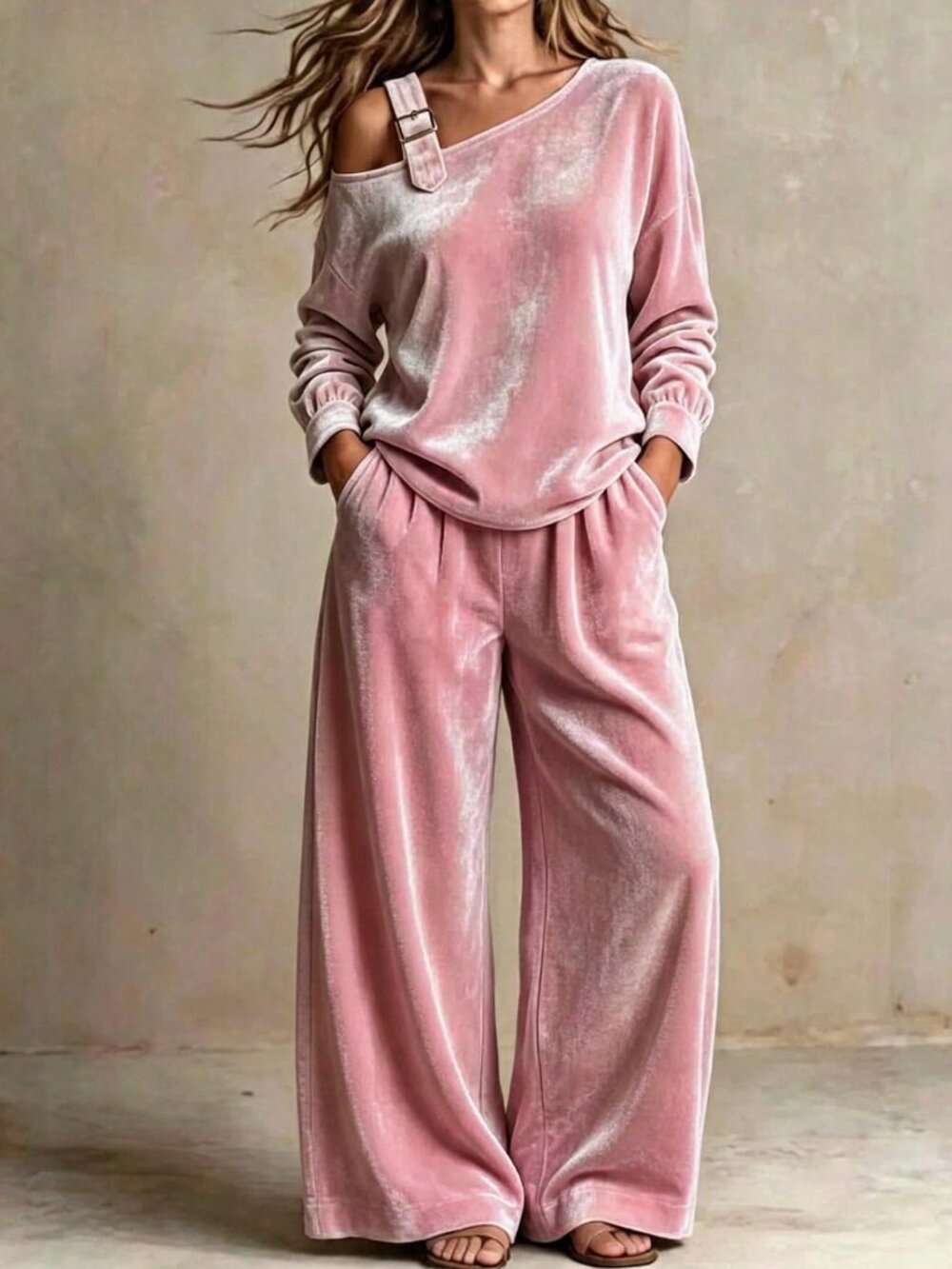 Pink Casual Women's One Shoulder Regular Sleeve Pocket Long Pants